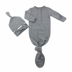 Twinor Plain Knotted Baby Gown With Headband Hat Infant Sleeper For Baby Girl And Boy Grey