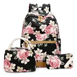 Bluboon School Backpack For Girls Canvas Laptop Backpack Teens Bookbag Set Lunch Bag Purse Flower Black - 3PCS