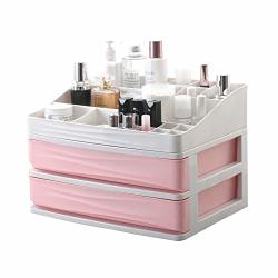 Beeiee Makeup Organizer XL Size 13.42"X10.11"X9.21" Inch Cosmetic Storage Case Vanity Display Boxes With Two Drawers Pink