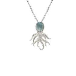 Sterling Silver 925 Natural Larimar Engraved Tentacles Octopus Pendant With 18 Box Chain