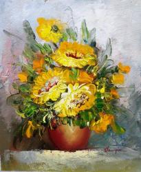 Sunflowers By Stemple. Oil On Canvas. 26 X 21 Cm.