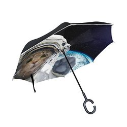U Life Cat Galaxy Planet Universe Space Starsat Reverse Inverted Umbrella Sun Rain Golf Umbrellas For Car Outdoor Use With C-shaped Handle