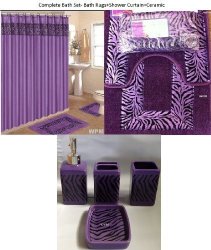 19 Piece Bath Accessory Set Purple Zebra Bathroom Rugs & Shower Curtain & Accessories