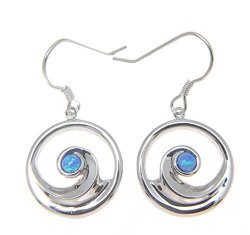 Inlay Synthetic Opal Sterling Silver 925 Hawaiian Ocean Wave Round Hook Earrings 16.50MM