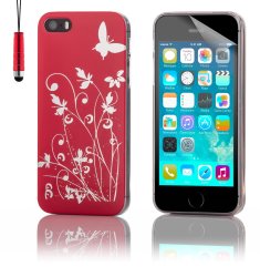32ND Flower And Butterfly Hard Case Cover For Iphone 5 5S Se + Screen Protector And Cloth - Red