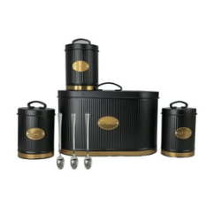 7 Piece Striped 2 Loaf Bread Bin With Long Stemed Serving Spoon & Canister Set - Black