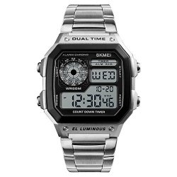 Skmei Men's Digital Lcd Watch Sports Casual In 50M Alloy Case With Stainless Steel Strap Silver