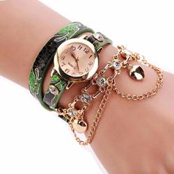 Ladies Wrap Around Strap Rhinestone Rivet Chain Analog Quartz Bracelet Wrist Watches Green