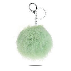 Raylans Soft Fluffy Elegant Real Rabbit Fur Pompom Ball Car Key Chain Handbag Keyrings Silver Chain Mint Green