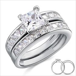 Solid .925 Sterling Silver Wedding Promise Engagement Ring W Princess Cut Simulated Diamonds