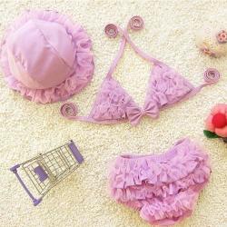 Baby Girl Bikini Lace 3 Pieces Bikini Set Cute Swimsuit With Hat Size: L Purple
