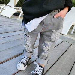 Budingxiong Kids Ripped Long Trousers Elastic Waist Denim - Gray 7T