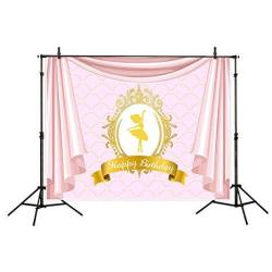 Funnytree 7X5FT Vinyl Birthday Backdrop For Girls Golden Ballet Dancer Rose Pink Drapes Scale Customizable Background For Party Banner Decorations Bab