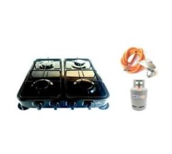 Black 4 Plate Gas Stove With Fittings Including Gas Cylinder