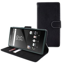 Xperia Z5 Case Snugg - Black Leather Wallet Cover And Stand With Card Slots & Soft Premium Nubuck Fibre Interior - Protective Sony Xperia