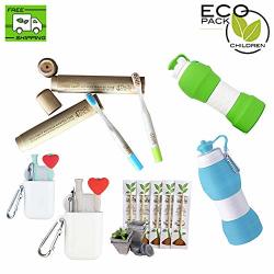 4THINGIES Eco-pack Children - 7 Pack Eco-friendly - 2 Reusable Collapsibles Water Bottle With 2 Silicone Straws Plus A 2 Vegan Bamboo Toothbrushes Children Size By 4THINGIES Going Green