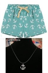 Anchor Print Aqua Shorts Medium With Anchor Necklace
