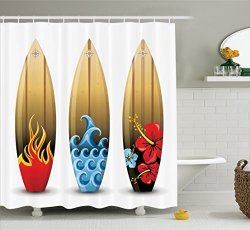 Ambesonne Surfboard Decor Collection Three Colorful Wood Surfboards With Floral Sea And Fire Themed Summer Image Polyester Fabric Bathroom Shower Curtain 75 Inches Long