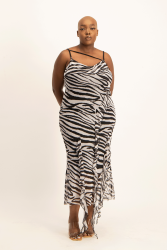 Keira Cowl Neck Ruffle Dress - Black Zebra Print - XL