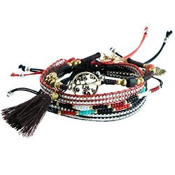 Mhz Jewels 5PCS Black Red Hamsa Tree Of Life Charm Bracelet Set For Women Bead String Braided Tassel Bracelet