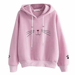 Corriee Teen Girls Cute Cat Print Long Sleeve Casual Loose Blouse Womens Hoodie Top Pullover Sweater Pink