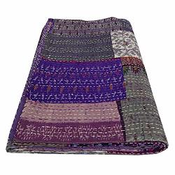The Art Gallery Kantha Silk Reversible Coverlets Indian Handmade Coverlets Hippie Purple Silk Kantha Quilts Queen Size Bed Sheet Gudri Boho Room Decor Blanket