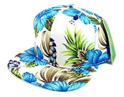 All Over Hawaiian Print Snapback Hat Cap Flat Bill Floral White