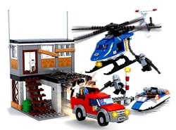 Brickland Police Rescue Air And Sea Mission Building Bricks Helicopter Toy Set With Boat Patrol 476 Pieces