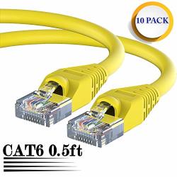 CAT6 Ethernet Cable 0.5 Feet - 10 Pack Pure Copper 550MHZ 24 Awg Stranded Cm cmg Rated Snagless Boot Patch Lan Network Cord Yellow