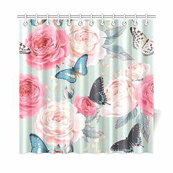 Wjjsxka Home Decor Bath Curtain Peony Roses Butterfly Polyester Fabric Waterproof Shower Curtain For Bathroom 72 X 72 Inch Shower Curtains Hooks Included