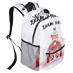 Large School Backpack For Teens kids girls boys Red Farm House Cattle Pig Rooster Pyramid Multipurpose Lightweight Laptop Bag Casual Daypack For Hiking climbing traveling