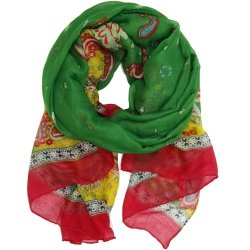 Emerald Green Paisley Floral Colorful Scarf With Pink Trim By Bucasi