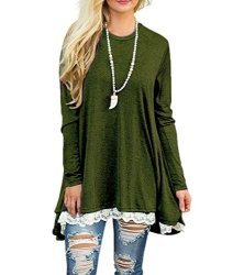Wekili Women's Tops Long Sleeve Lace Scoop Neck A-line Tunic Blouse Armygreen M us 8-10
