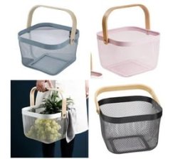 Metal Square Mesh Picnic Basket With Wooden Handle