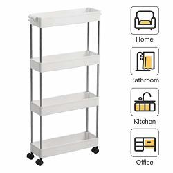 Spacekeeper Slim Rolling Storage Cart 4 Tier Bathroom Organizer Mobile Shelving Unit Storage Rolling Utility Cart Tower Rack For Kitchen Bathroom Laundry Narrow Places White