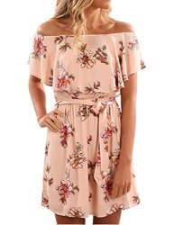 Women Yuandy Summer Off Shoulder Strapless Floral Print Pleated Dresses Pink Small
