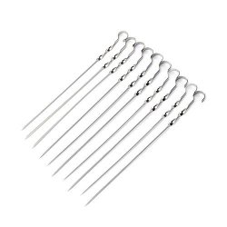 10PCS Bbq Metal Skewer Stainless Steel Long 17" Flat Stick With S-hook For Outdoor Bar Barbecue Grill Rack Reusable Washable Set For Grilling Enjoy