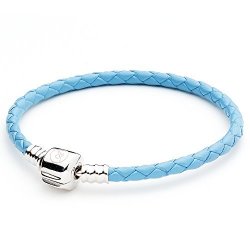 Athenaie Light Blue Single Braided Leather 925 Sterling Silver Charm Bracelet Fits Fit All European Charm Bead