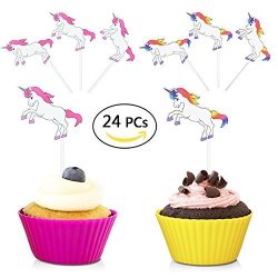 Unicorn Cupcake Toppers Rainbow Heart Crown Cake Toppers Themed Party Decorative 24pcs Pink by SHXSTORE 