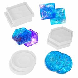 Sunbeter 6 Pack Diy Coaster Silicone Mould Epoxy Casting Molds Include Round Square Hexagon For Casting With Resin Concrete Cement Home Decoration.