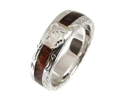 Genuine Hawaiian Koa Wood Eternity Wedding Band Ring Honu Turtle 925 Silver 6MM Size 6