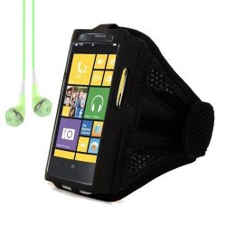 Sumaccn Adjustable Meshy Armband Pouch Case For Nokia Lumia Series Smartphones Windows Phone 8 Black + Green Headphones With MIC