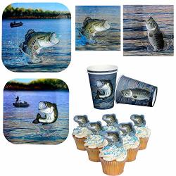Havercamp Gone Fishin' Dinnerware Bundle Dinner & Dessert Plates Luncheon & Beverage Napkins Cups Picks Great For Father's Day Fishing Tournament Birthday Party