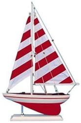 Red Striped Pacific Sailer 17" - Wooden Model Sailboat - Table Centerpiece - Na