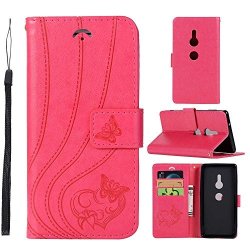 Unextati Sony Xperia XZ2 Stand Magnetic Flip Cover Card Holders & Hand Strap Wallet Case With Kickstand For Sony Xperia XZ2 Rose Red