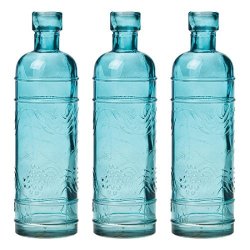Luna Bazaar Small Vintage Glass Bottle Set 6.5-INCH Turquoise Blue Mabel Round Design Set Of 3 - Flower Bud Vase For Home D Cor And
