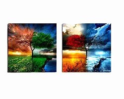 Berdecia Small Colorful Natural Landscape Oil Painting Decorative 4 Seasons Trees Changing Leaves By The Lake On Grassland With Clouds Canvas Wall Art Sets
