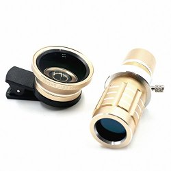 HD Clip-on Camera Lens Multi-function 12X Zoom Telephoto Lens + 0.45X Wide Angle Lens + 15X Super Macro Lens For Iphones Samsung Other Smartphones Gold