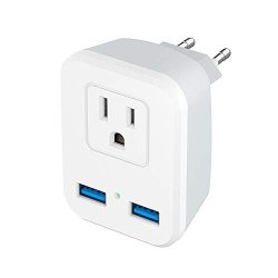 Key Power European Travel Plug Adapter 1 Ac Outlet With Dual USB Charging Port International Power Adapter For Us To Most Of Europe Eu