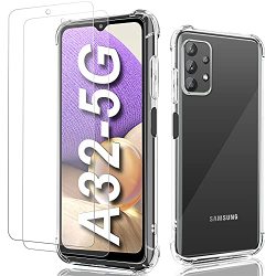 For Samsung Galaxy A32 5G Case With Screen Protector Galaxy A32 5G Clear Phone Cover Soft Tpu 2 Pack Tempered Glass 9H Hardness Anti-scratch